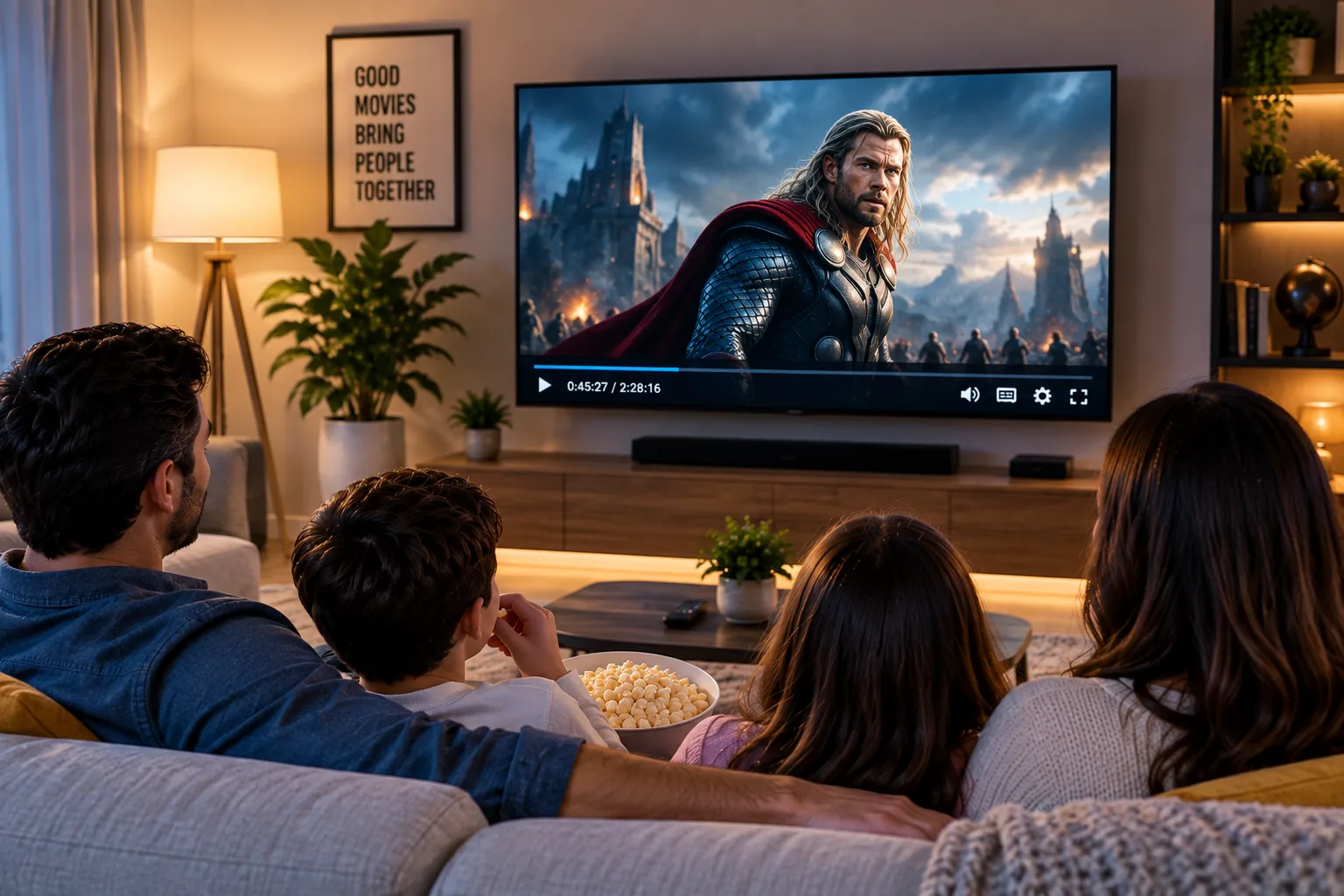 Family watching an action adventure movie