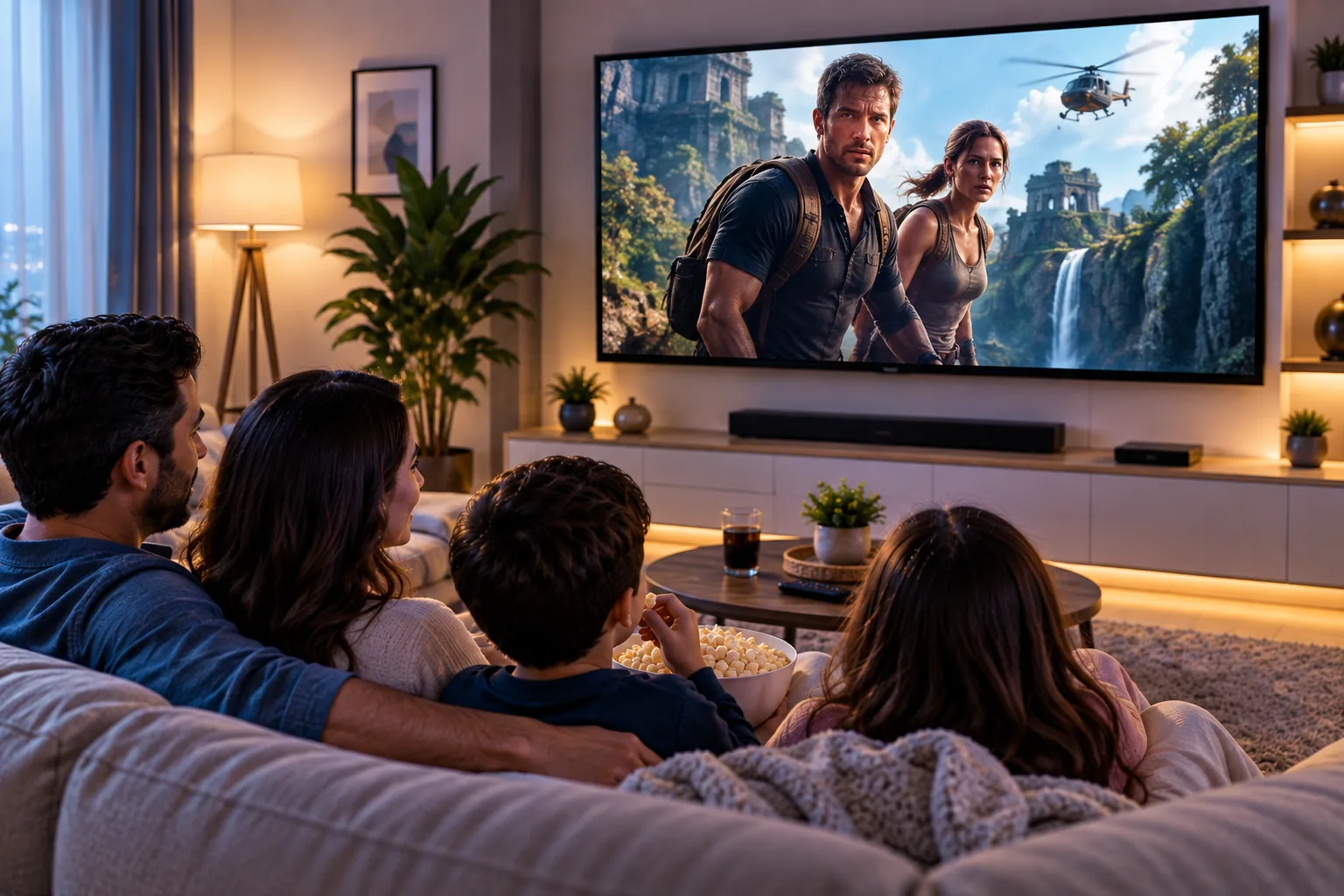 Family enjoying cinema-style entertainment