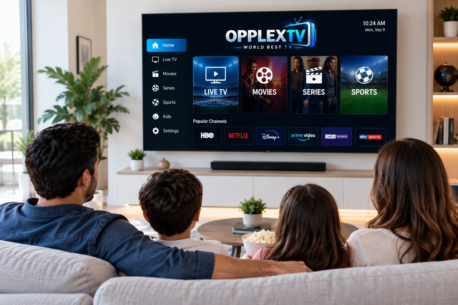 Family watching OPPLEX IPTV Official at home