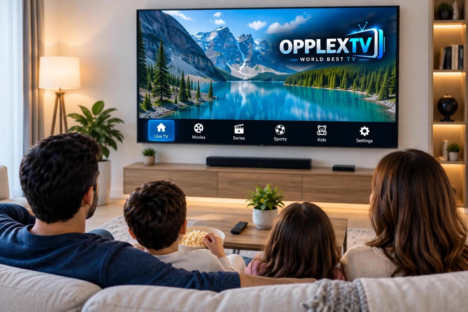 Family enjoying live TV on a large screen