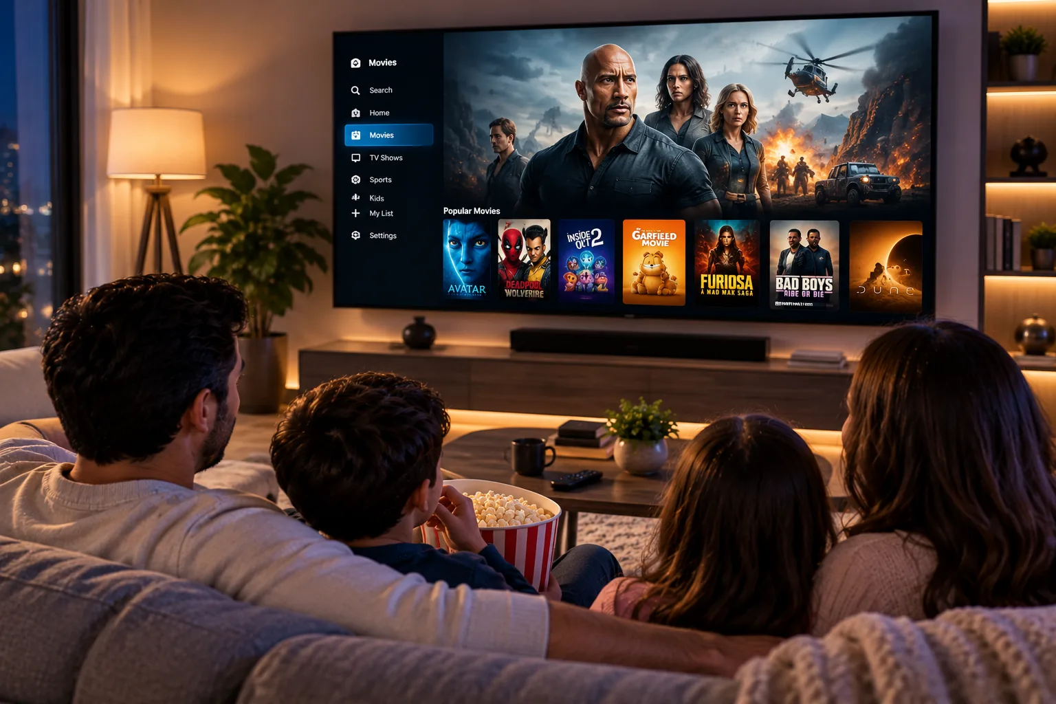 Family enjoying a movie night